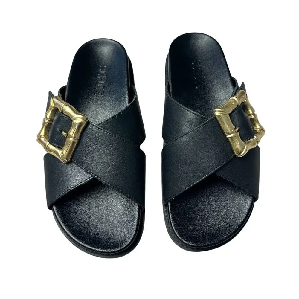 Schutz Enola Cross Slides Womens Size 5 B Black Leather Gold Bamboo Buckle Shoes
